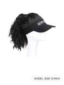黑色一體式帽子,配馬尾辮髮型,女式棒球帽兼髮片,合成卷曲假髮帽,12英寸可調節遮陽帽