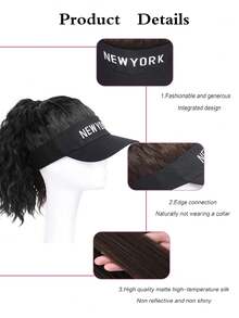 黑色一體式帽子,配馬尾辮髮型,女式棒球帽兼髮片,合成卷曲假髮帽,12英寸可調節遮陽帽