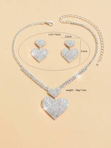 1pc Silver Color Heart Pendant Full Diamond Design Fashionable & Sexy Necklace Set - Silver - View 3