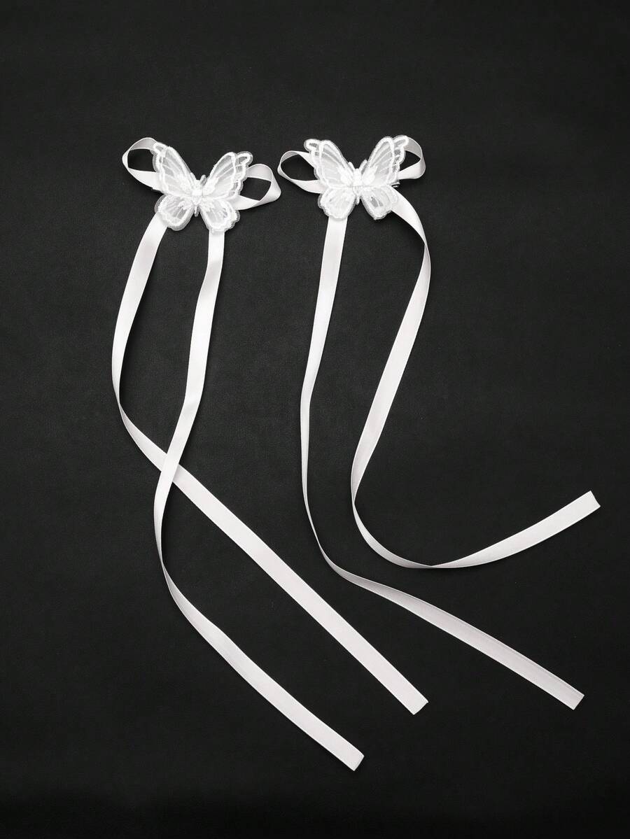 2pcs White Ribbon & Butterfly Decor Hair Clip For Women, Perfect For Daily Use - White - View 1