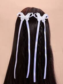 2pcs White Ribbon & Butterfly Decor Hair Clip For Women, Perfect For Daily Use - White - View 3