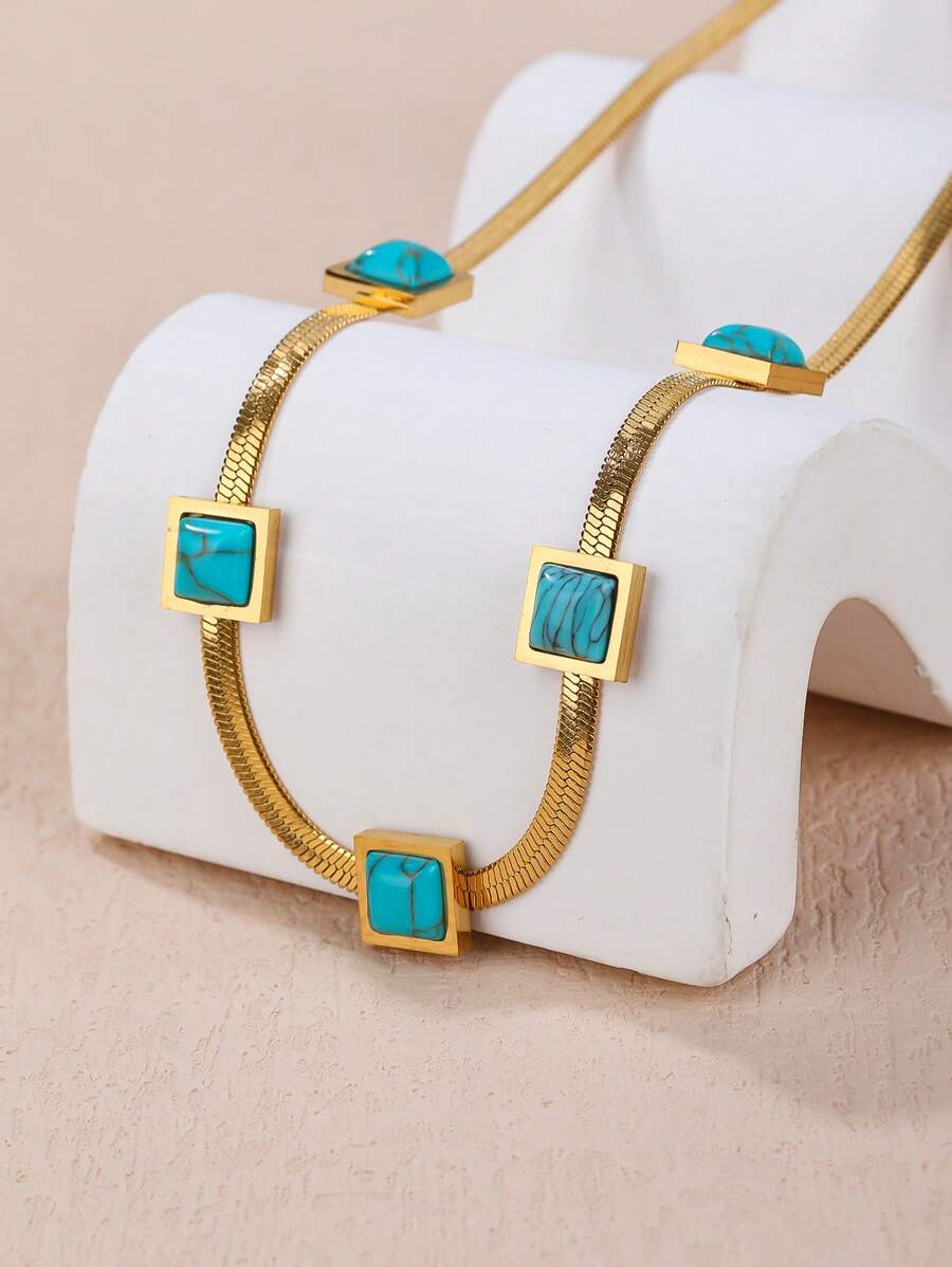 1件装 冷调个性化蓝绿色几何方形不对称折叠弧形项链 女款 适合各种场合佩戴 - 金色 - 查看 1