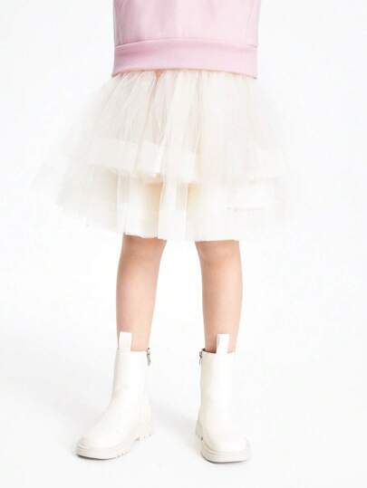 Annil 少女裙子，春秋季蓬松網紗通用生日裙白色