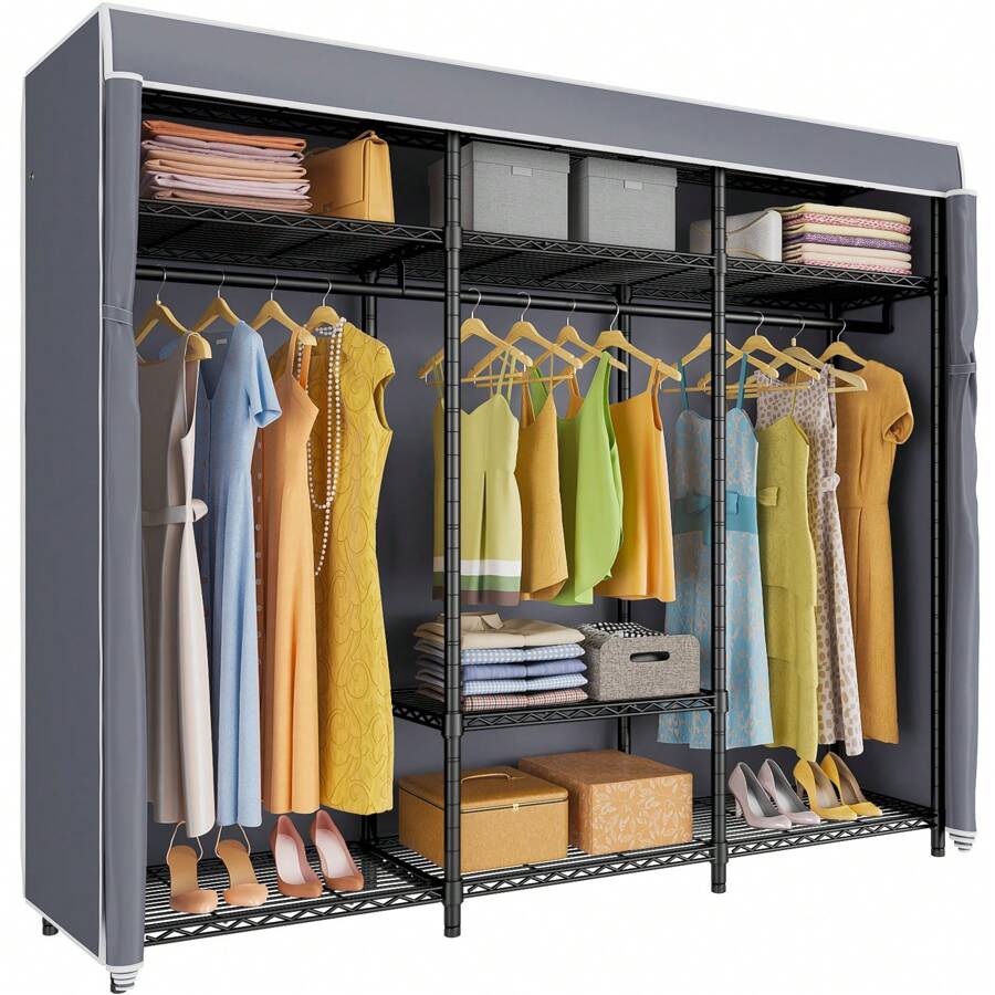 Giá treo quần áo VIPEK V30C có nắp, giá treo quần áo di động chịu lực nặng, giá treo quần áo có kệ dây, tủ quần áo lưu trữ, giá treo quần áo màu đen có nắp màu xám, đồ trang trí Halloween, trang phục Halloween, đồ trang trí mùa thu, đồ trang trí lễ hội - Xám - Xem 1