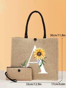 2pcs Sunflower Letter Print Tote Bag Set, Fashion Burlap Linen Shoulder Bag, Portable Shopping Bag With Wristlet Coin Purse - Khaki - View 4