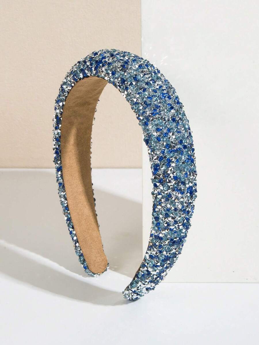 Party 1pc Korean Style Sponge Padded Headband With Full Rhinestone Decor,Hairband,Hair Hoop Headbands Hair Accessories Head Accessories - Blue - View 1