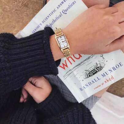 sottas New Square Shaped Gold Color Watch For Women, Minimalist & Fashionable, Casual & Versatile, Lightweight Stainless Steel Band Quartz Watch, Adjustable Strap Length