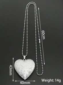 1pc Silver Vintage Creative Heart Shaped Wave Pattern Photo Locket Stainless Steel Necklace - Silver - View 2