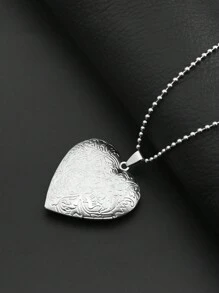 1pc Silver Vintage Creative Heart Shaped Wave Pattern Photo Locket Stainless Steel Necklace - Silver - View 1