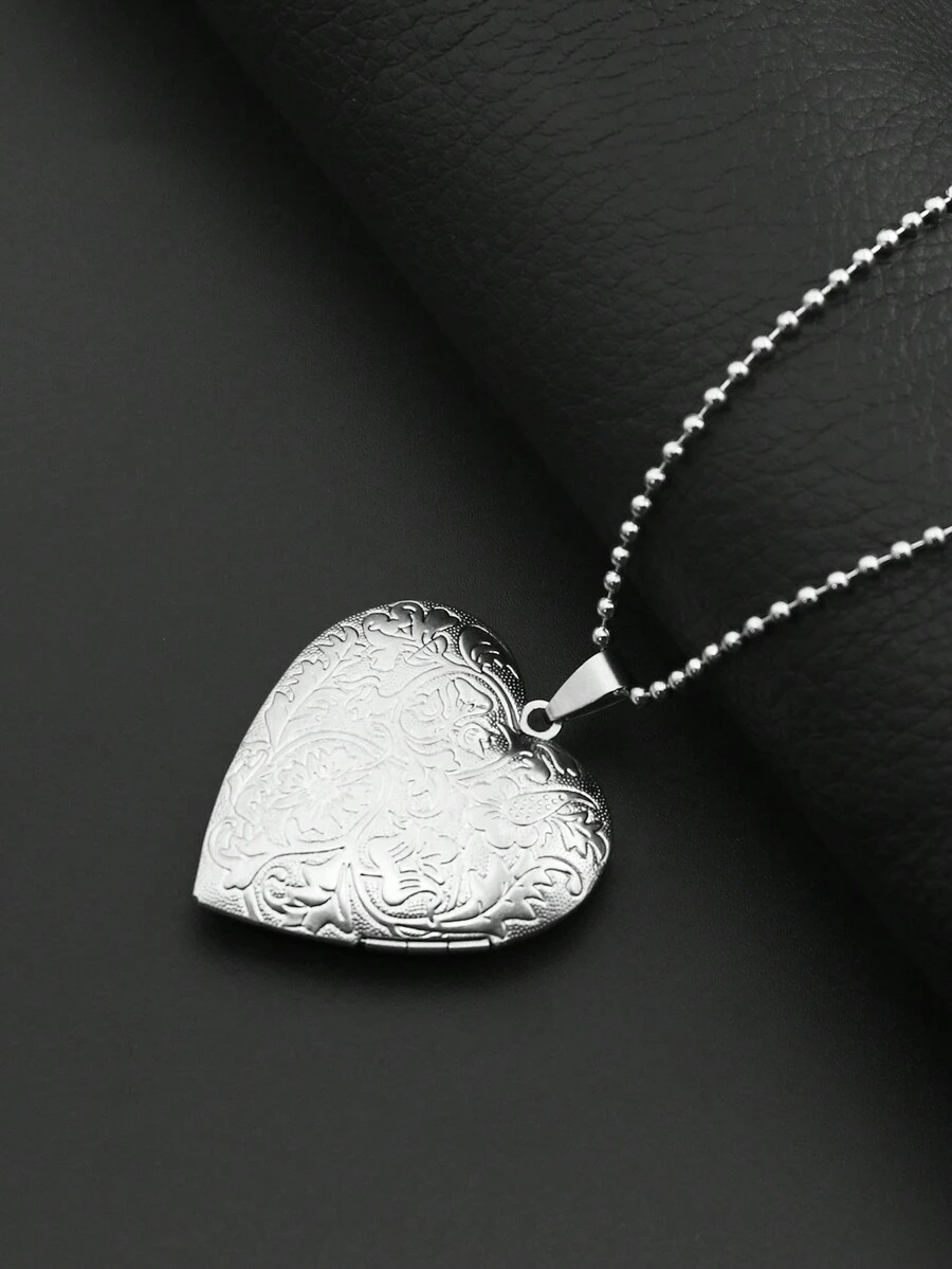 1pc Silver Vintage Creative Heart Shaped Wave Pattern Photo Locket Stainless Steel Necklace - Silver - View 1