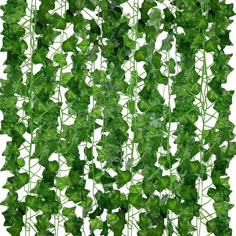 12入組6.9英尺綠色人造葉子塑料掛植物,綠色背景牆,室內外情景裝飾,假藤蔓,婚禮節日家居裝飾用品 - 綠色 - 查看 1