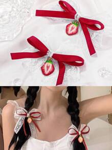 2 cái/bộ nơ ren trắng phong cách học sinh nữ & kẹp tóc dâu tây phụ kiện tóc dễ thương cho Giáng sinh - Nhiều màu - Xem 4