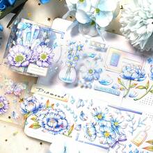 1卷夢幻藍色高山花材料膠帶,2m長可用於手帳、日記diy裝飾 - 藍白色 - 查看 3