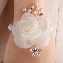 1對時尚優雅高端婚禮新娘派對手腕花&胸花套裝,裝飾有珍珠和鑽石,適用於婚禮、周年紀念、攝影工作室等場合