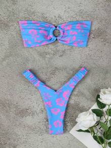 Polovedo Official New Spring/Summer Floral Print Ruched Sexy Bandeau Bikini Set, Casual Fashion For Women, Suitable For Valentine's Day, Beach, Vacation, Party, Date - Purple - View 1