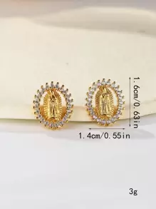 1pair Creative And Stylish Oval Shape Micro Inlay Cz Virgin Mary Stud Earrings Minimalist Accessory Copper Earrings For Women, Suitable For Wedding, Party, Daily Wear - Yellow Gold - View 4