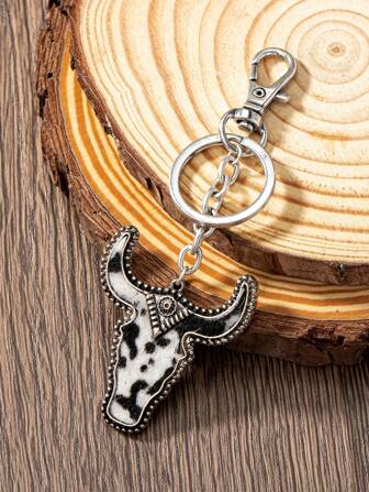 Street 1 Pc PU Leather Cow Pattern Cattle Head Western Style Key Chain Key Ring Keychains Car Accessories Bag Charm Backpack For School Cute Goth Y2k Christmas Gift