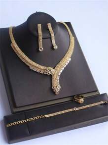 1 Set Elegant Rhinestone Necklace Set For Women, Perfect For Occasions & Evening Dress - Gold - View 3