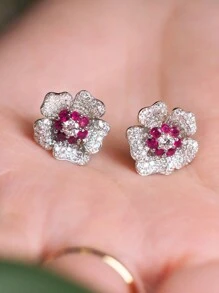 1 Pair Pretty Cubic Zirconia Flower Stud Earrings For Women For Anniversary Party Jewelry Valentine's Day Gift Valentines,Mom,Mother,Mother's Day,Gift