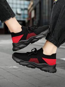 時尚針織輕便步行鞋情侶休閒運動鞋,舒服的透氣女性前繫帶運動鞋,男士撞色編織競技運動鞋 - 黑色 - 查看 6