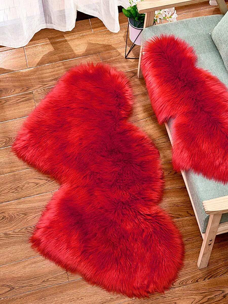 1pc Valentine's Day Faux Wool Red Double Heart Carpet Mat, Suitable For Living Room, Bedroom, Fireplace, Bathroom, Laundry Room Decoration, Home Decor, Valentine's Day Decoration, Multi-Scene Carpet - Red - View 1