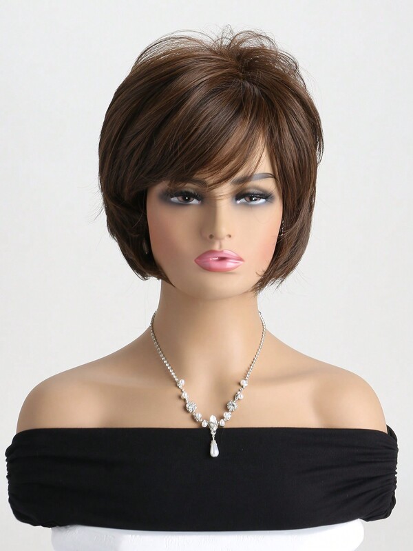 10-Inch Black Brown Short Curly Wig With Side Bangs, Fashionable Fluffy Medium Curls Wig For Everyday Wear, Heat Resistant Full Head Wig For Women