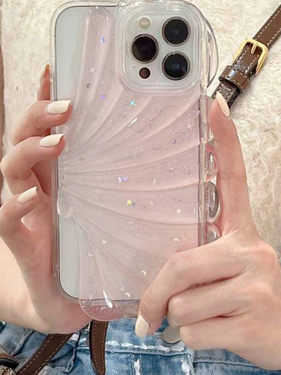 Transparent Seashell & Stars Design Jelly Phone Case, New Anti-fall Protective Cover For Women Compatible With iPhone - Baby Pink - View 1