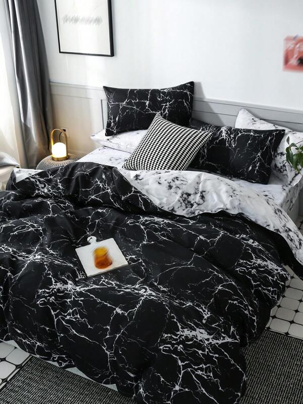 3PCS Purple Marble Pattern Simple Plain Printed Quilt Cover Pillowcase Bed Set, Polyester Quilt Cover Suitable For All Seasons