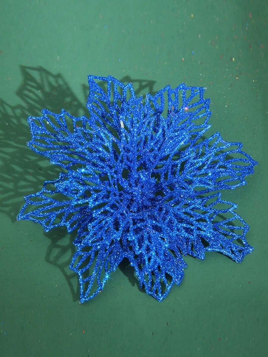 2pcs-5.5in Christmas Tree Decoration Flower, Realistic 3-Layer Gold Powder Christmas Flower For Christmas Garland & Scene Decor,Christmas - Blue - View 1