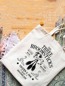 1 件魔术扫帚图案帆布手提袋可折叠可重复使用购物袋魔术爱好者最佳礼物时尚沙滩包 - 米色 - 查看 5