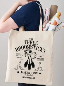 1 件魔术扫帚图案帆布手提袋可折叠可重复使用购物袋魔术爱好者最佳礼物时尚沙滩包 - 米色 - 查看 1