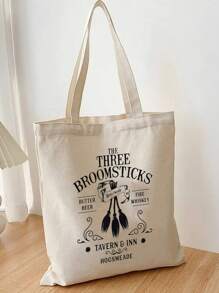 1 件魔术扫帚图案帆布手提袋可折叠可重复使用购物袋魔术爱好者最佳礼物时尚沙滩包 - 米色 - 查看 4