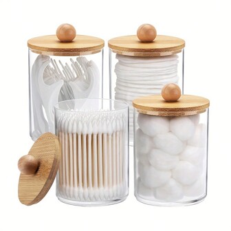 1pc/4pcs/6pcs Swab Dispenser With Bamboo Lid, Medicine Storage Box Transparent Plastic Container, Suitable For Swabs, Balls, Dental Floss Bathroom Accessories Back To School