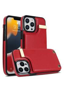 適用於 iPhone 11 12 13 14 15 Pro Max 的豪華皮革手機殼,帶有卡槽支架保護套 - 紅色 - 查看 3