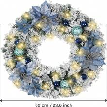 Christmas Wreath for Front Door Wreath, 24 Inch White Christmas Door Wreath with LED Lights, Battery Operated, Blue Flowers and Ball Ornaments for Outdoor Front Door, Wall and Window Decor