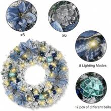 Christmas Wreath for Front Door Wreath, 24 Inch White Christmas Door Wreath with LED Lights, Battery Operated, Blue Flowers and Ball Ornaments for Outdoor Front Door, Wall and Window Decor