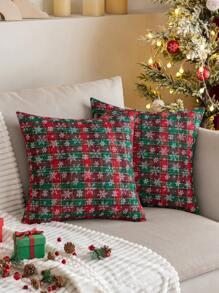 1 Vỏ gối họa tiết kẻ caro hình bông tuyết, trang trí ghế sofa phòng ngủ gia đình - Đỏ - Xem 1