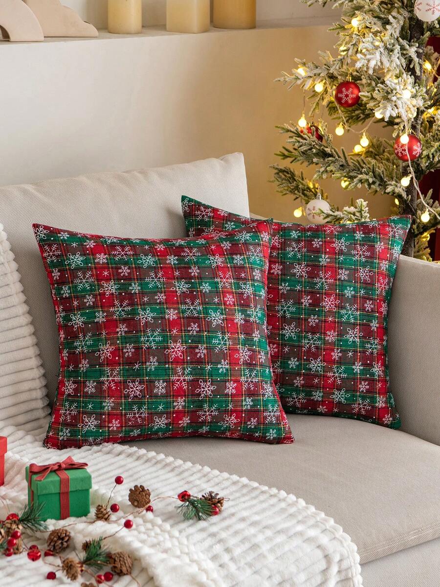 1 Vỏ gối họa tiết kẻ caro hình bông tuyết, trang trí ghế sofa phòng ngủ gia đình - Đỏ - Xem 1