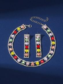 3pcs/set Deluxe Rhinestone Paved Heart Shape Necklace And Earrings With Chain For Women, Gift For Date - Multicolor - View 2