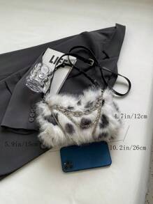 漸變色長毛絨鏈條肩帶斜挎包經典紮染長毛絨手提包,女性新奇的手提包,毛茸茸鏈條裝飾錢包適合冬天 - 米色 - 查看 6