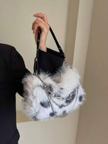 漸變色長毛絨鏈條肩帶斜挎包經典紮染長毛絨手提包,女性新奇的手提包,毛茸茸鏈條裝飾錢包適合冬天 - 米色 - 查看 3