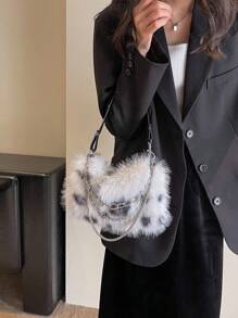 漸變色長毛絨鏈條肩帶斜挎包經典紮染長毛絨手提包,女性新奇的手提包,毛茸茸鏈條裝飾錢包適合冬天 - 米色 - 查看 4