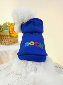 1件寵物衣服連帽運動衫,帶口袋和搖滾圖案,適用於小型和中型狗或貓 - 藍色 - 查看 1