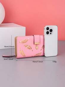 1pc Women's Fashion Leaf Foiled PU Leather Zip Wallet With Card Slots, Suitable For Dates Or As Gifts, With Zipper - Pink - View 7