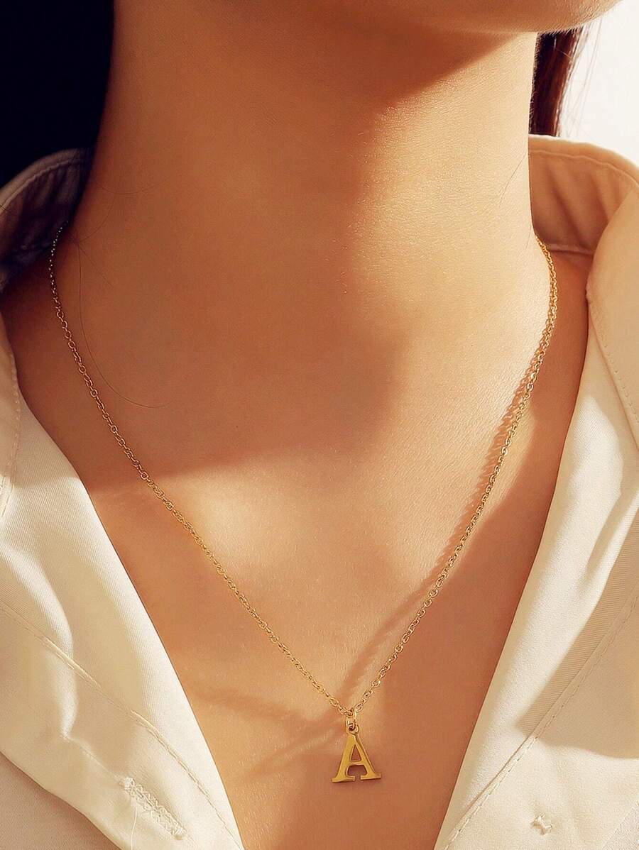 1入個性化極簡主義女士不銹鋼26個字母掛墜項鍊 - 金黃色 - 查看 1