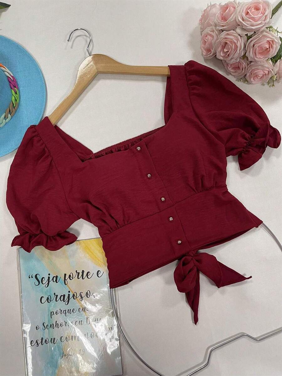 Women Blouses - 酒紅色 - 查看 1