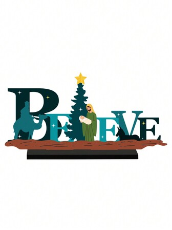 Putuo Decor 1pc Merry Christmas Table Decorations, Joy Believe Nativity Wooden Signs Decor, Desk Ornament For Home Xmas Party Fireplace Dinner Room, 7 X 3.7 Inches Gifts