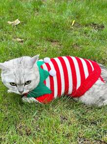 YIMEIS 1件秋冬時節的寵物針織衣,紅白條紋搭配綠色圍巾和球形細節,適合貓狗穿著,襯托節日氛圍 - 彩色 - 查看 1