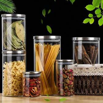 1pc Stainless Steel Lid Glass Container For Storing Grains, Tea, Candy, Fridge Storage, Glass Bottle
