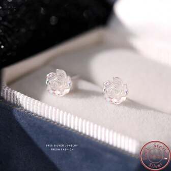 1pair Vintage Sweet Iridescent White Rose Flower S925 Sterling Silver Stud Earrings Suitable For Women's Daily Wear Valentines